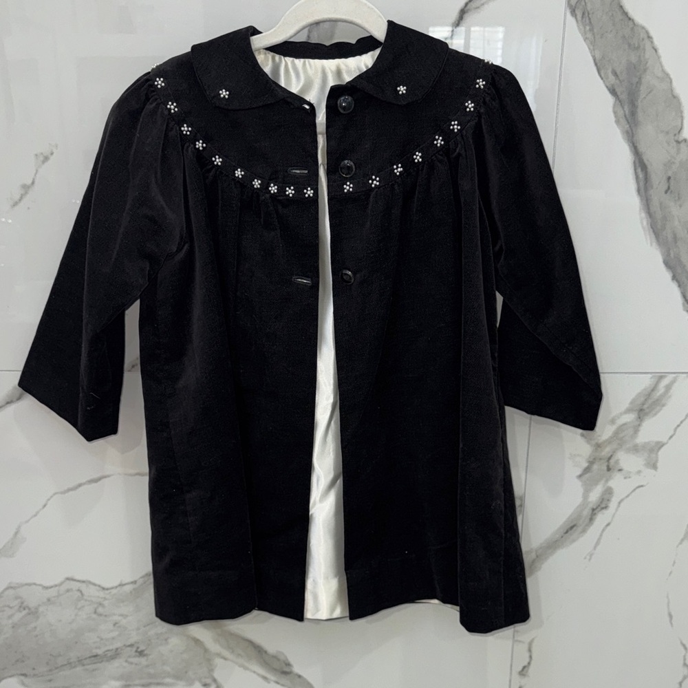 Vintage Blck Velve Pearl Flower Embroidered Vintage Coat Silk Lining Girls 2/3